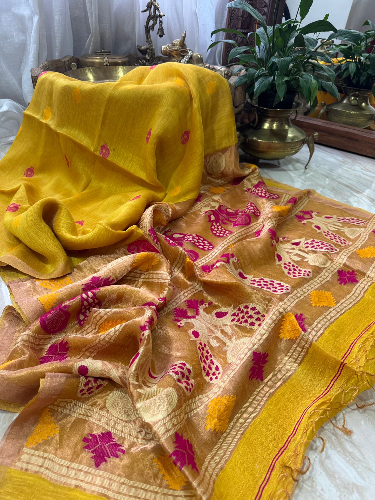 Pure Handloom Linen Silk Pathani Pallu Jamdani Weave Saree