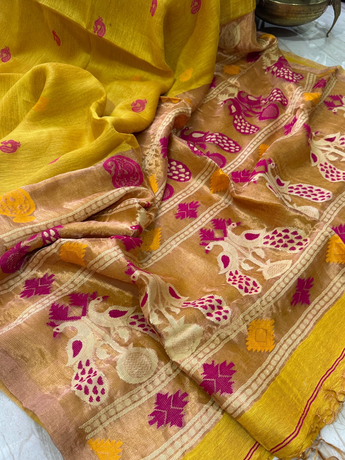 Pure Handloom Linen Silk Pathani Pallu Jamdani Weave Saree - Image 7
