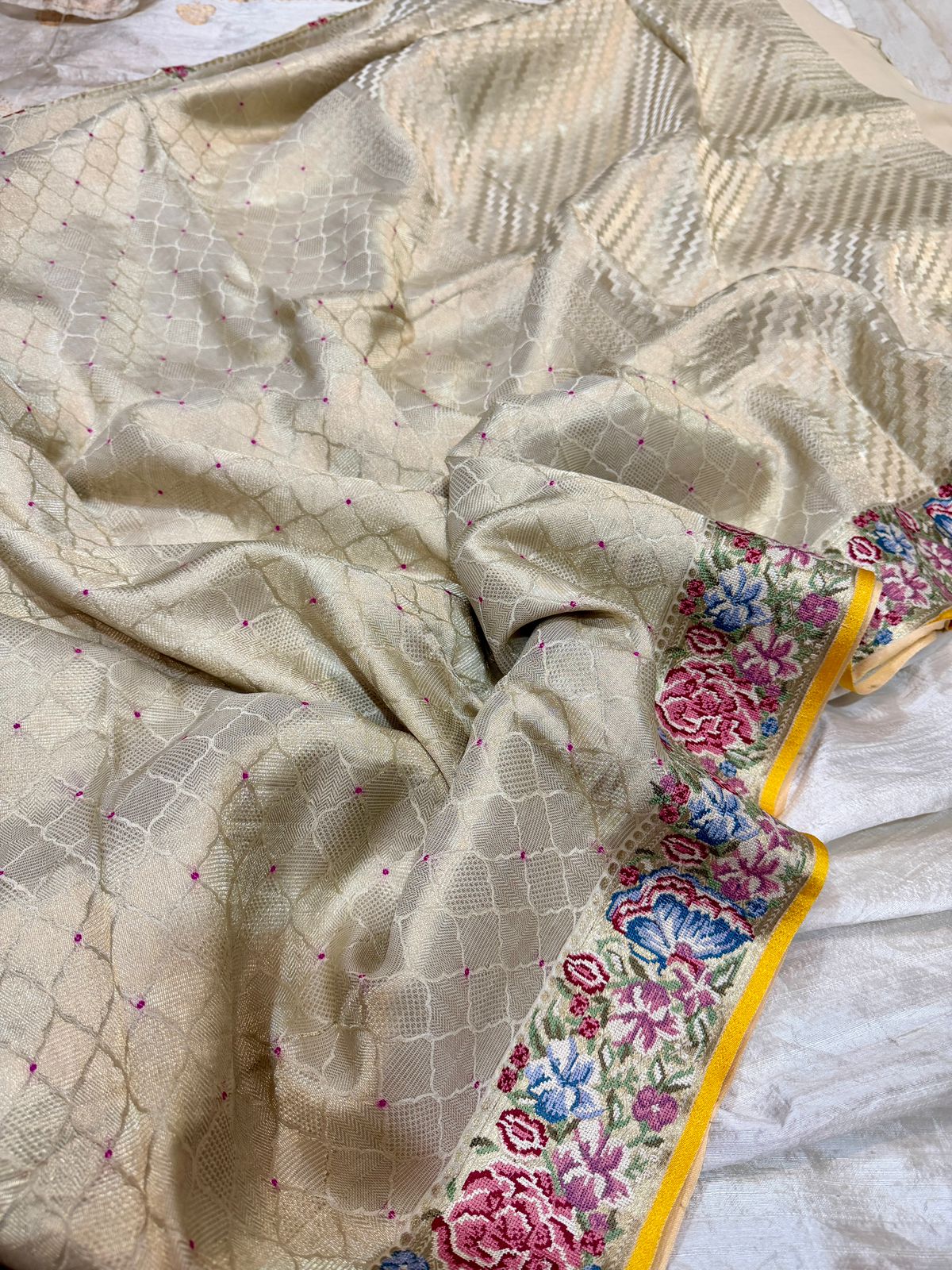 Mysore Brocade Crepe Silk Saree With Petit Point Embroidery