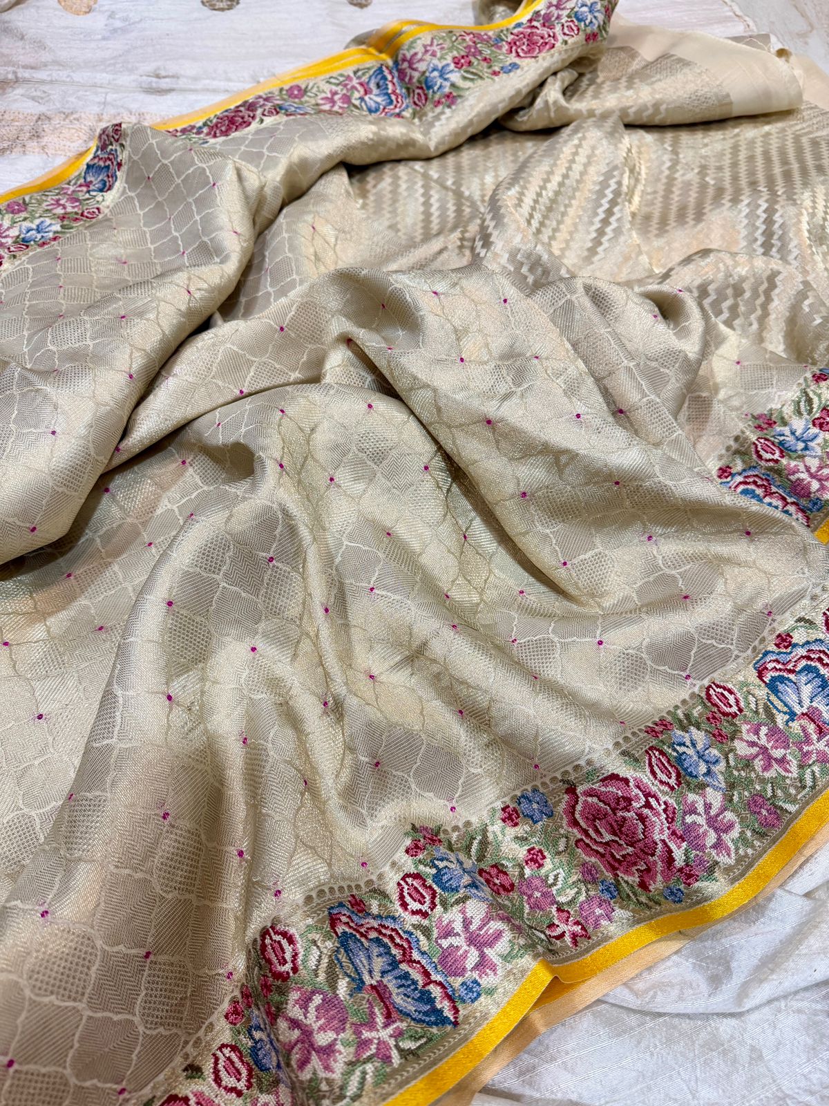 Mysore Brocade Crepe Silk Saree With Petit Point Embroidery - Image 3