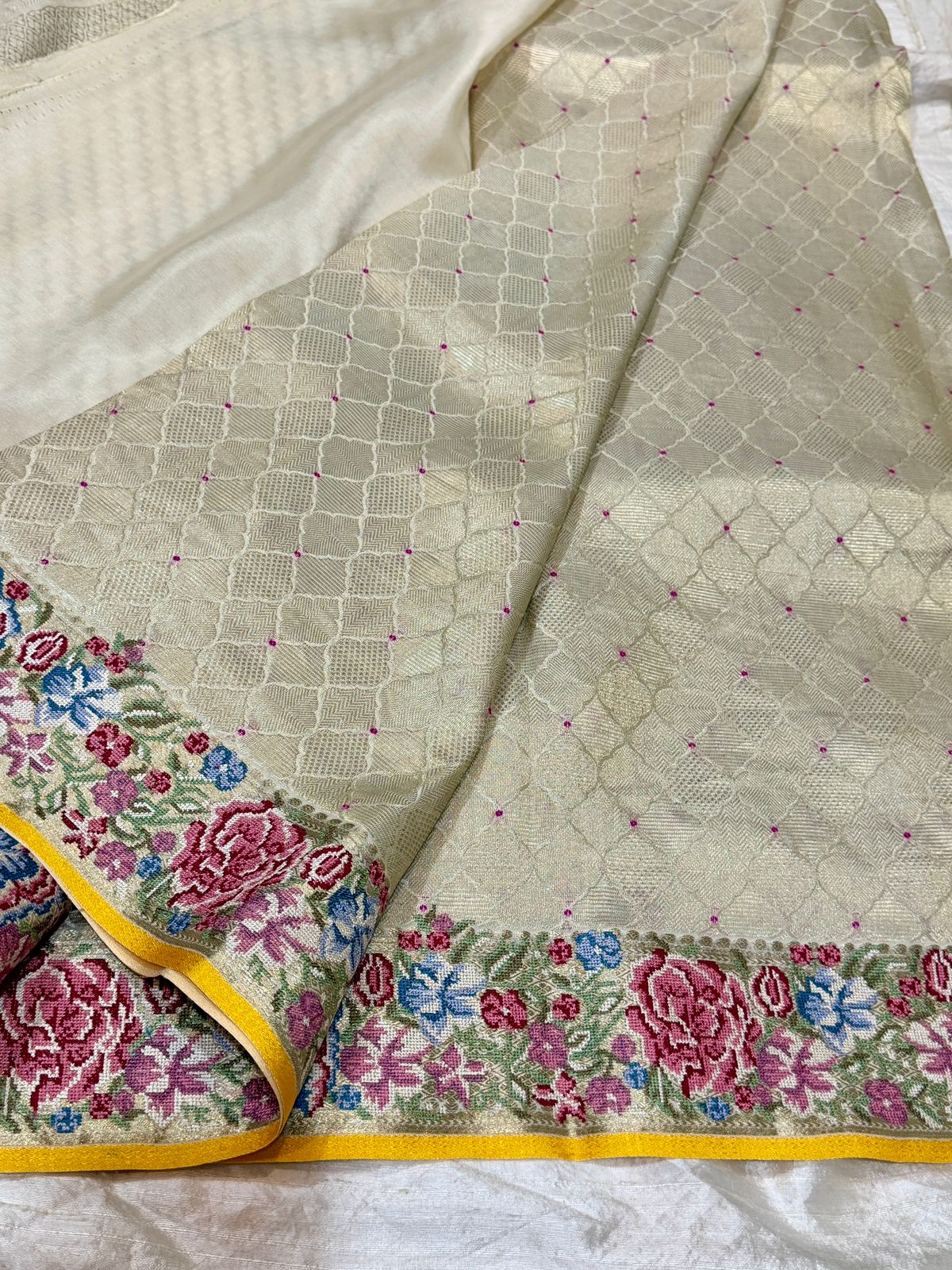 Mysore Brocade Crepe Silk Saree With Petit Point Embroidery - Image 10