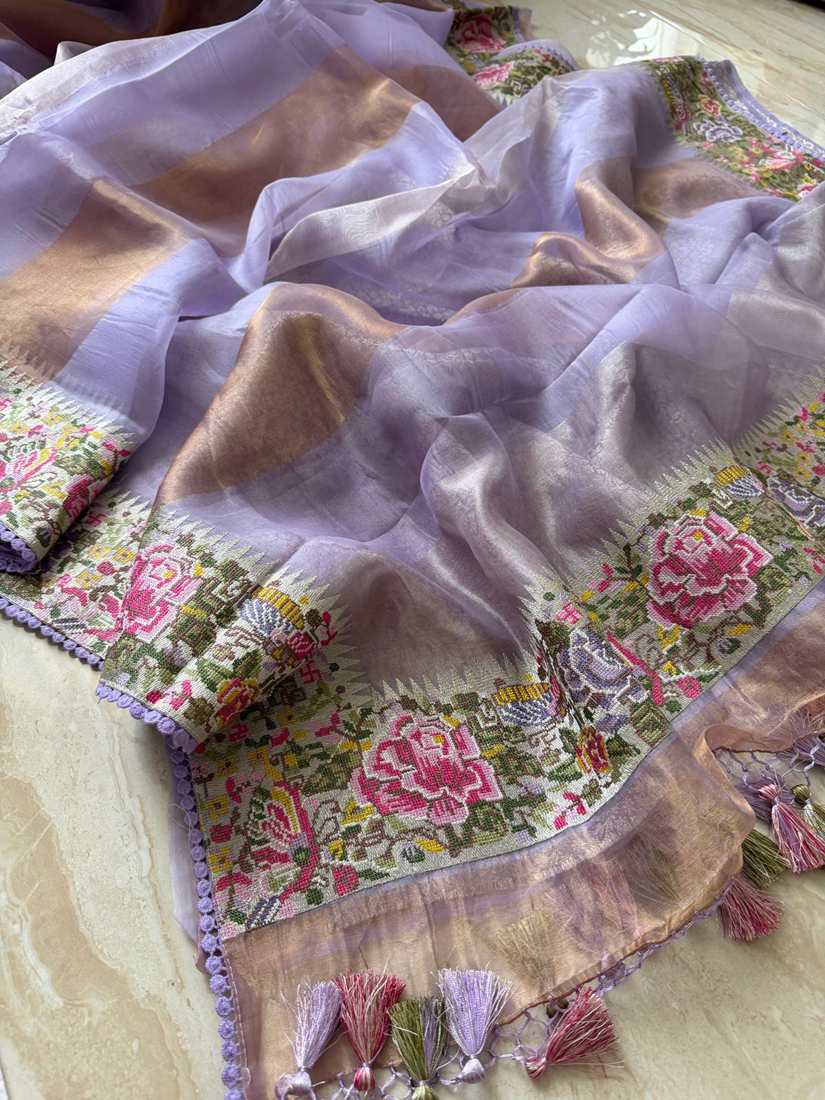 Pure Soft Tissue Silk Saree with Petit Point Embroidery - Image 7