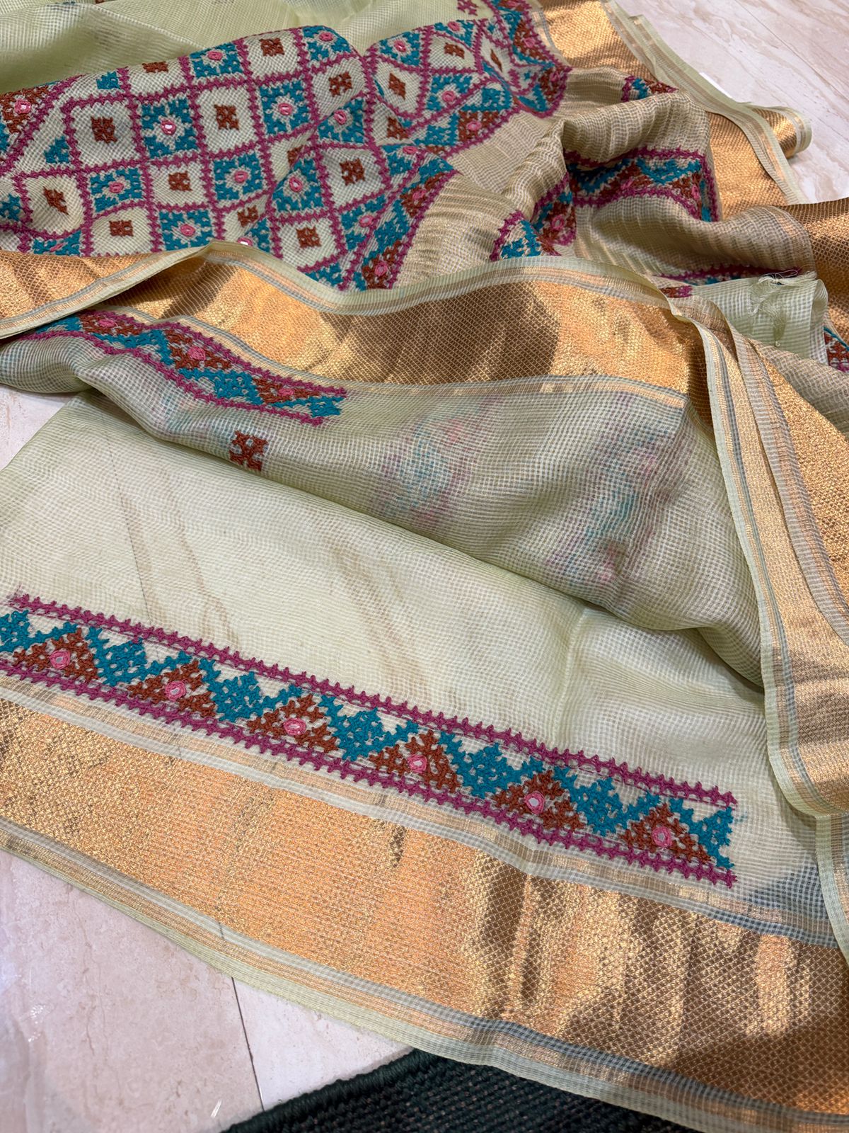 Elegant Tussar Kota Saree with Kutch Embroidery - Image 7