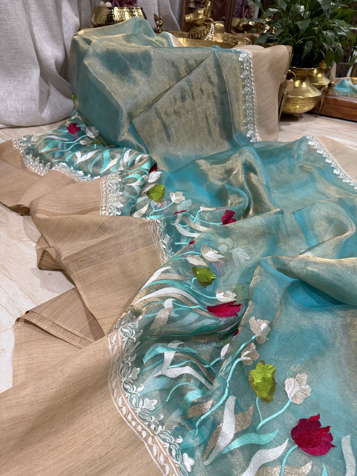 Pure Banarasi Tissue Silk Saree With Tussar Embroidery Border - Image 3