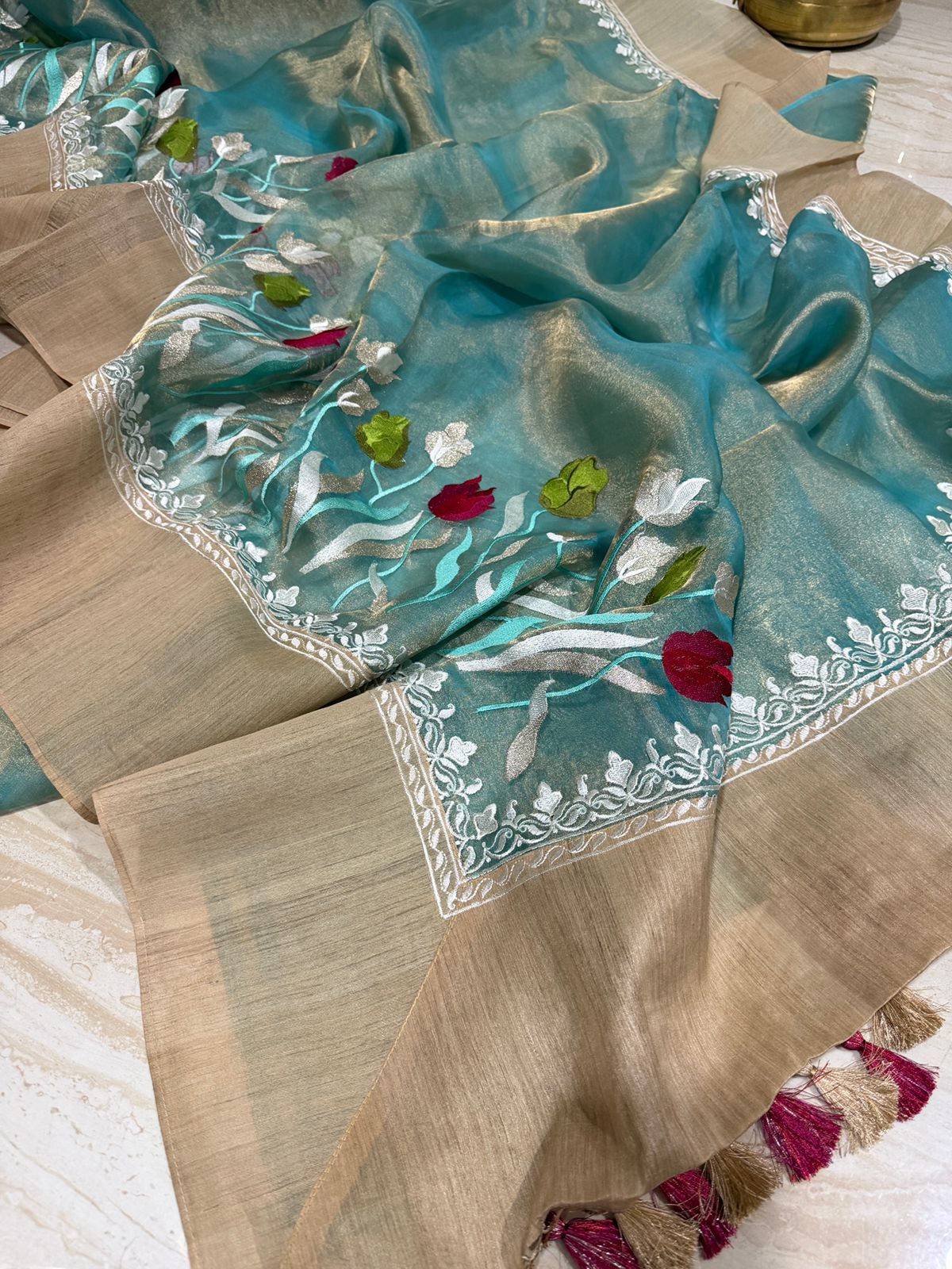 Pure Banarasi Tissue Silk Saree With Tussar Embroidery Border - Image 4