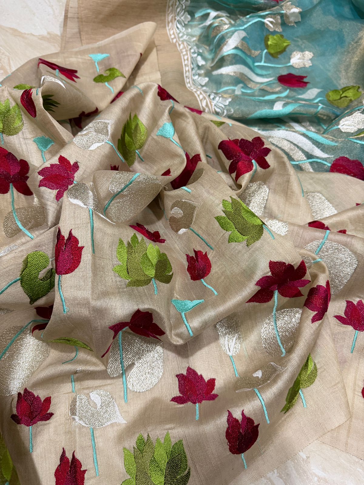 Pure Banarasi Tissue Silk Saree With Tussar Embroidery Border - Image 6