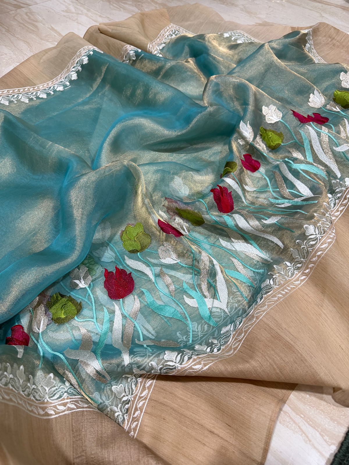 Pure Banarasi Tissue Silk Saree With Tussar Embroidery Border - Image 5