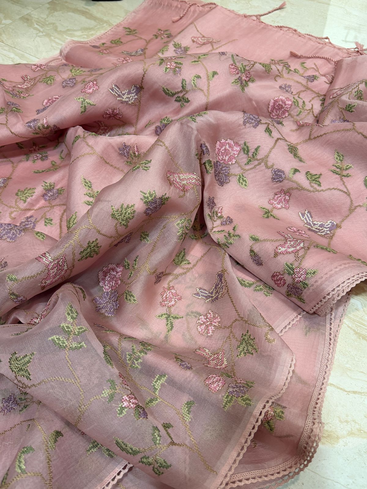 Organza Silk Saree with All-Over Cross Stitch Embroidery - Image 3