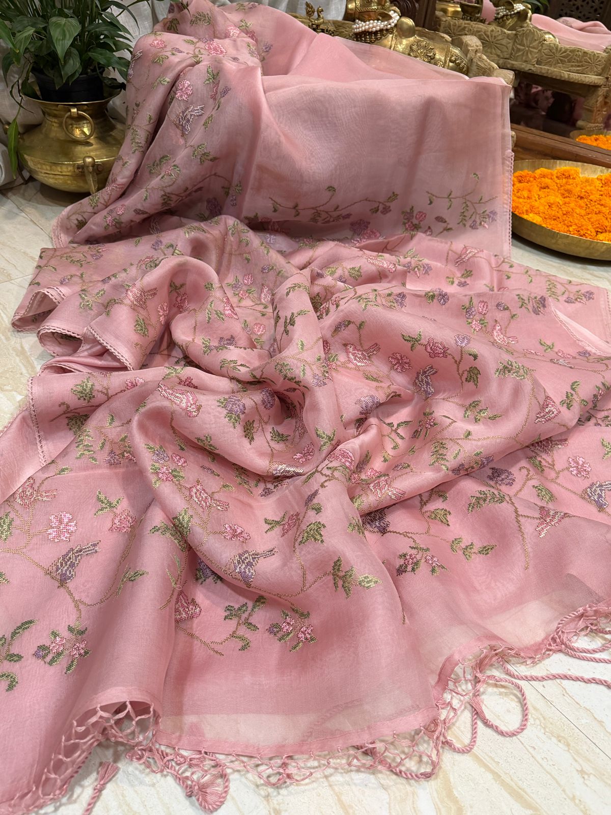Organza Silk Saree with All-Over Cross Stitch Embroidery - Image 5