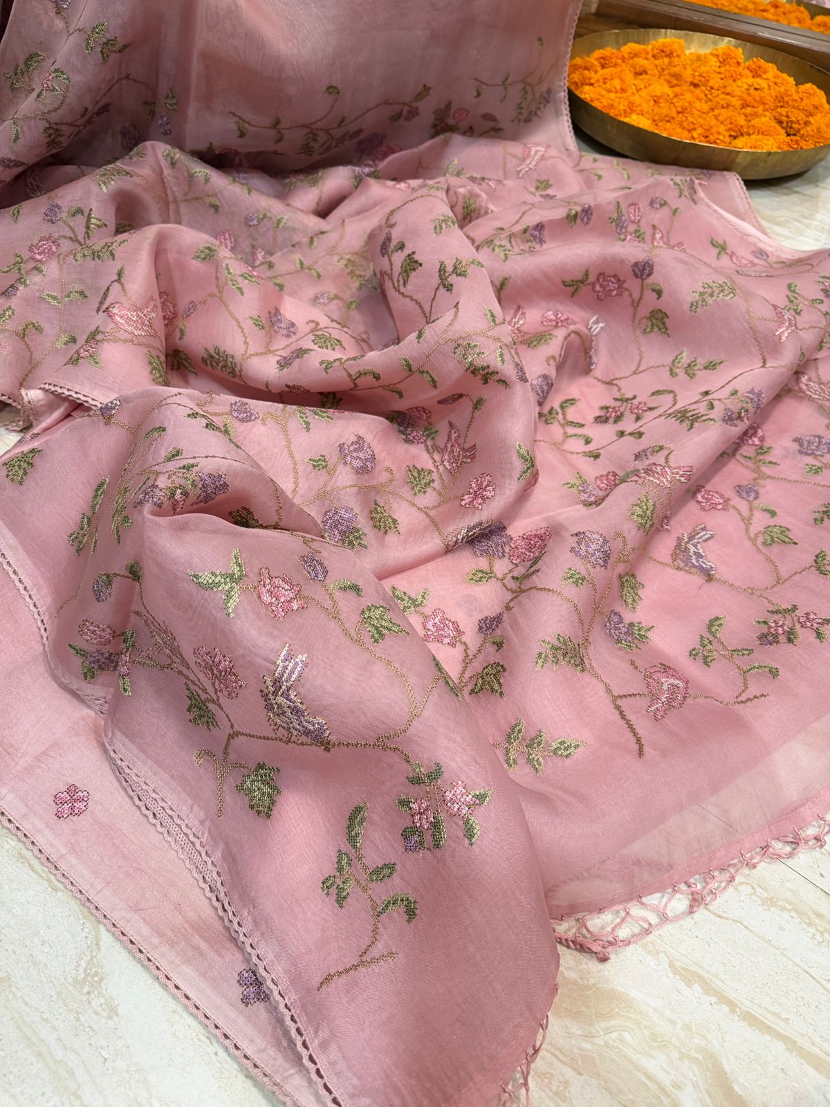 Organza Silk Saree with All-Over Cross Stitch Embroidery - Image 4