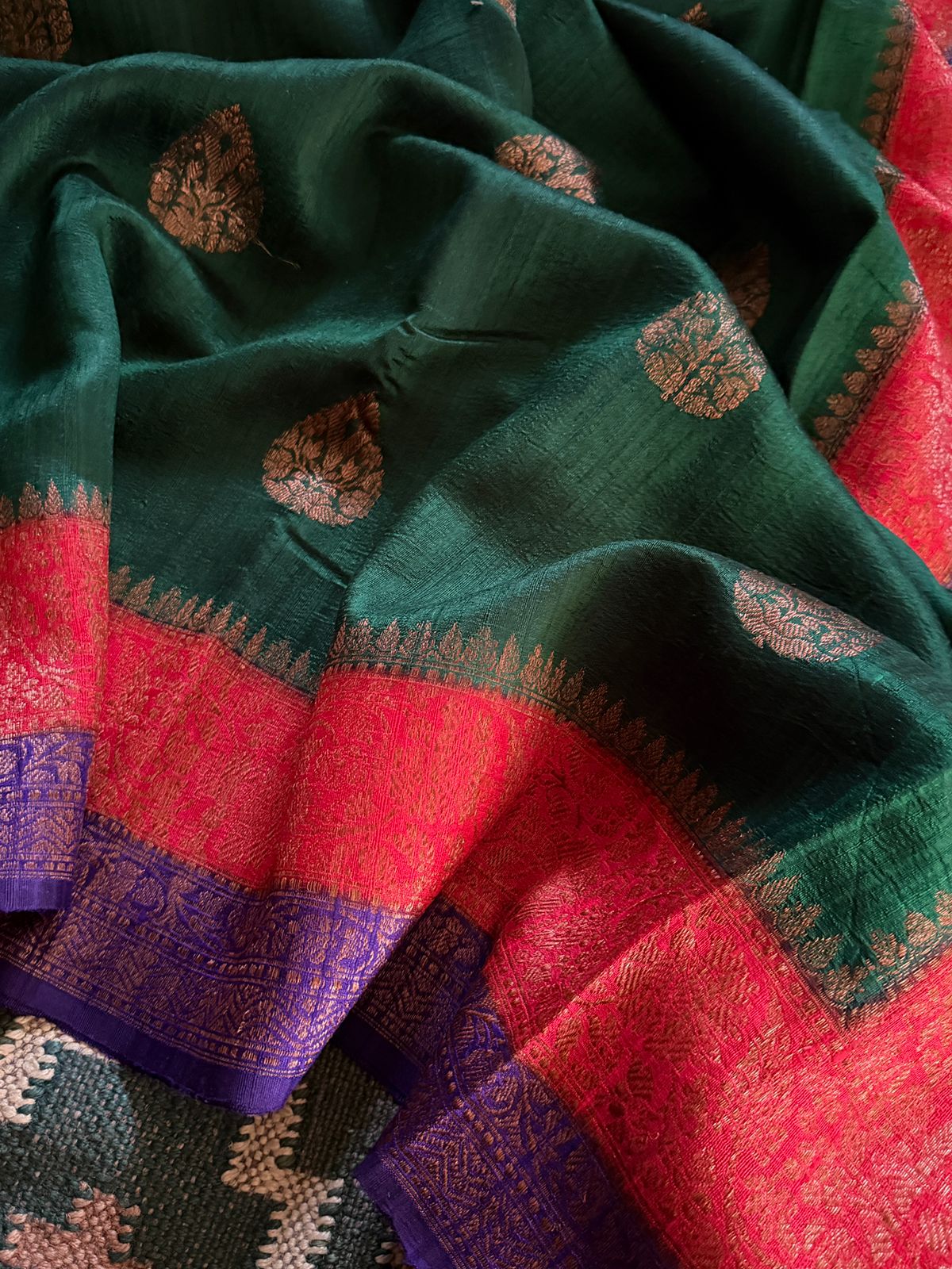 Pure Handloom Tussar Banarasi Saree With Kadua Weave Zari - Image 7