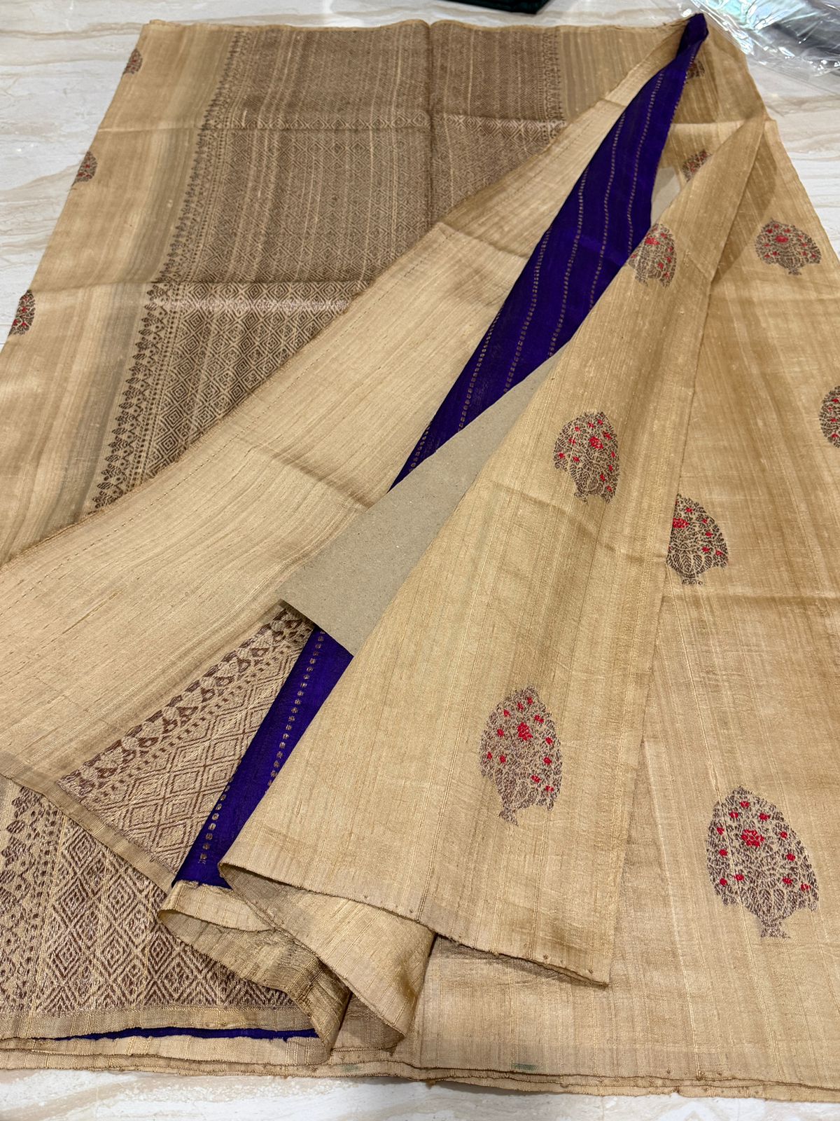 Pure Handloom Border Less Tussar Raw Silk Sarees With Meenakari - Image 4